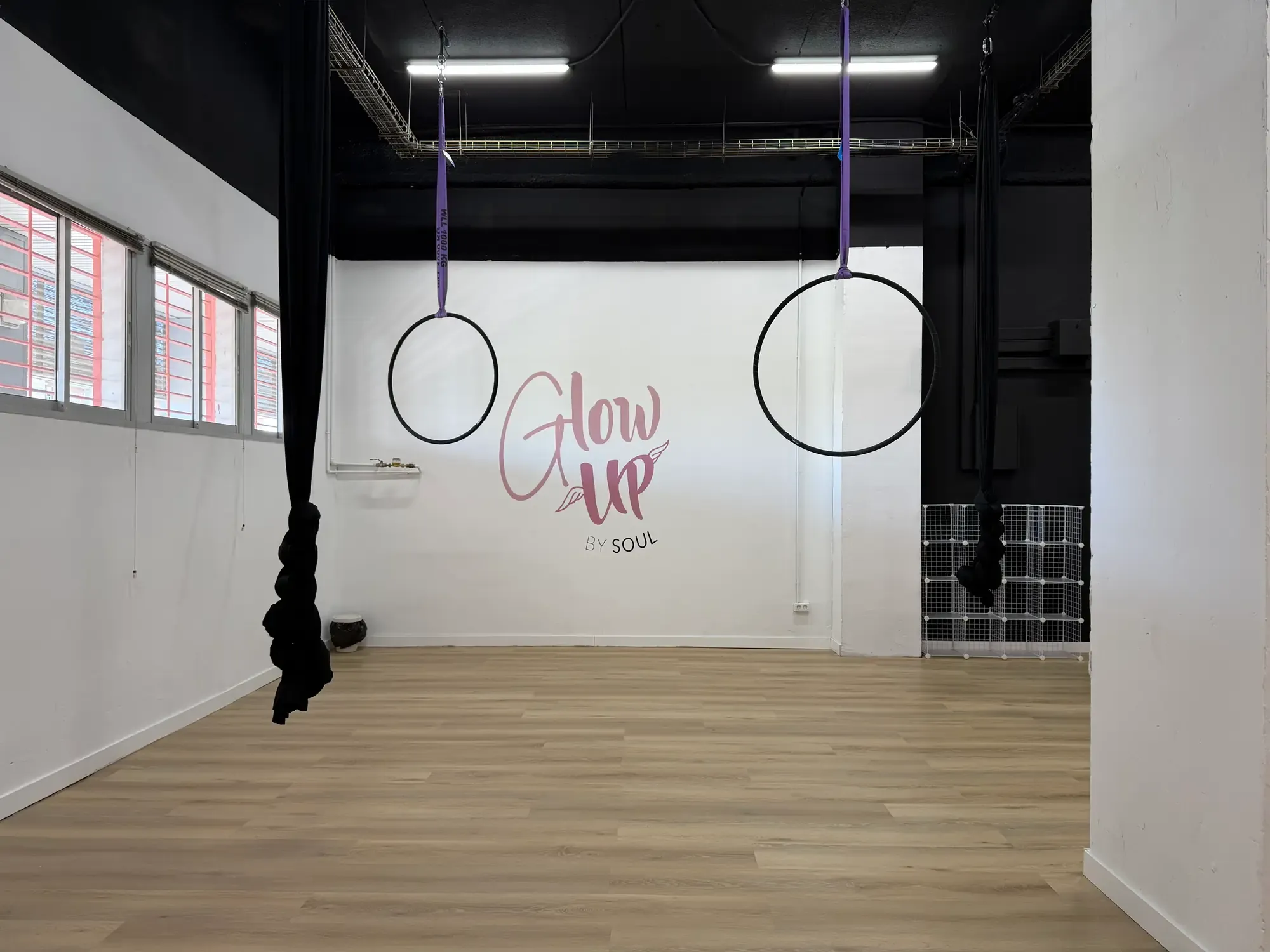 Aerial room with hoops and silks rigged