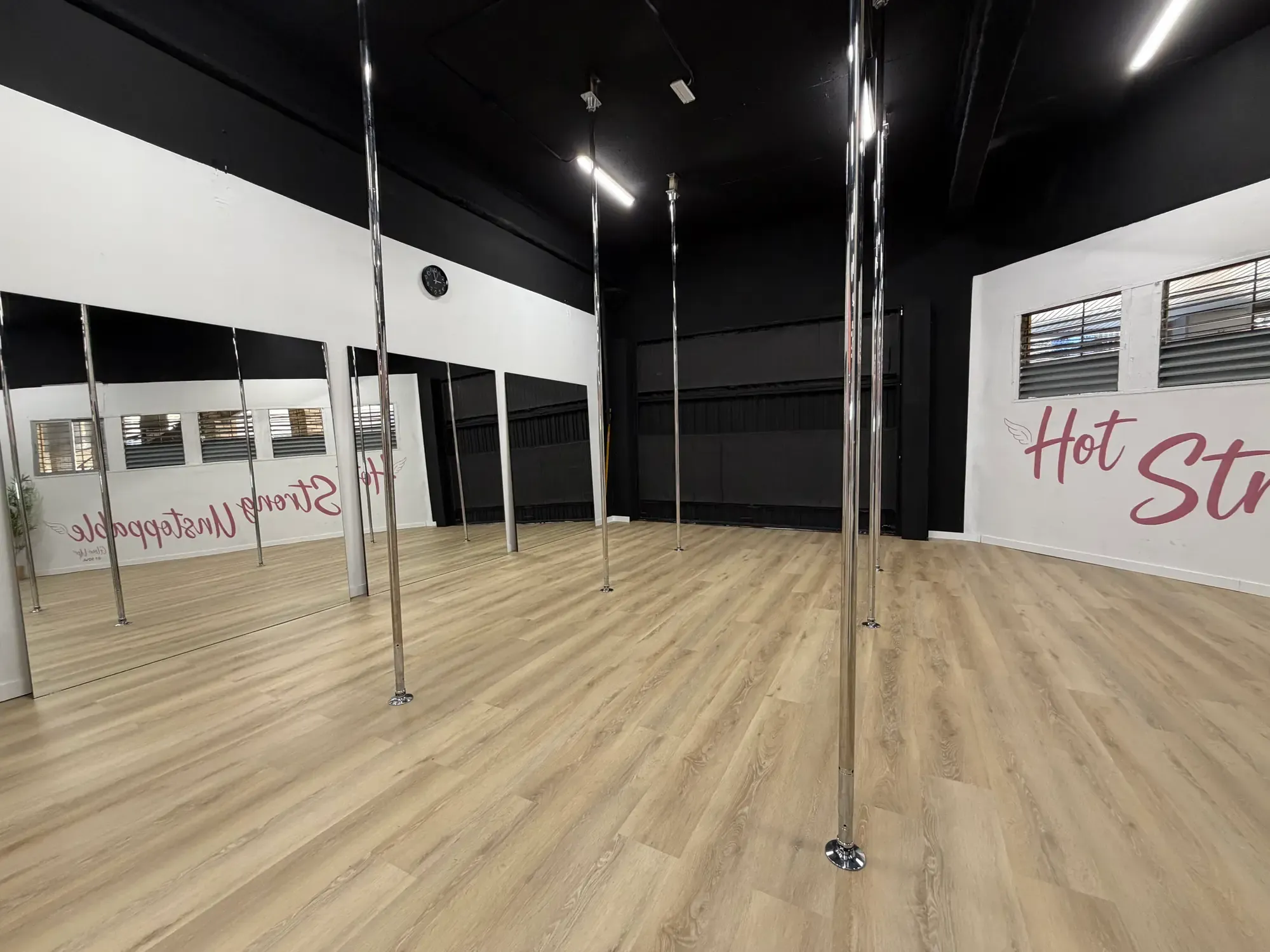 Side view of the pole room with mirrors